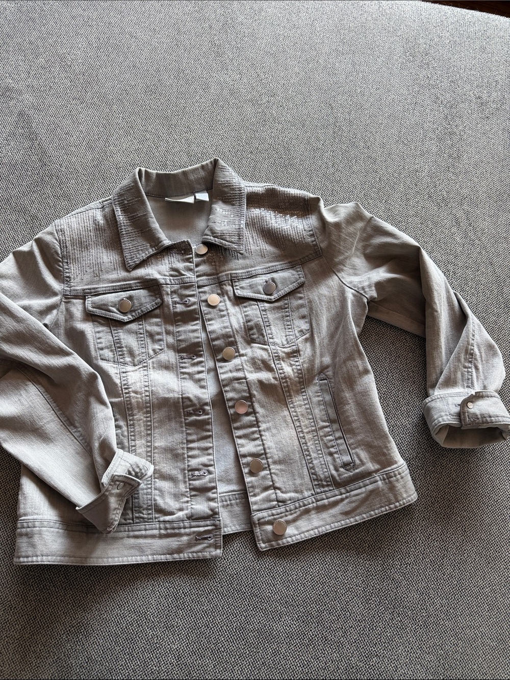 Chico's Soft Light Gray Denim Jacket Sequins Cascading Accent sz 1